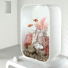 biOrb LIFE 60 l. i hvid. Dekoreret med biOrb musling ornament, lyserøde planter. samt fisk. 72061